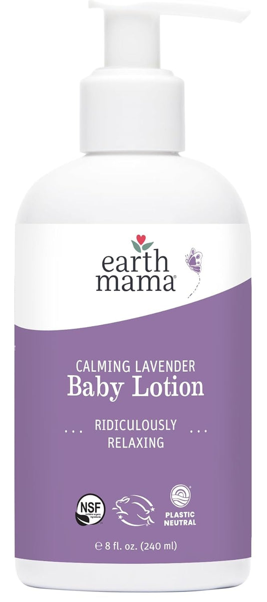 Earth Mama Calming Lavender Baby Lotion for Dry Skin, Calendula Cream for Newborn Skin Care, Organic Moisturizer for Children with Aloe Juice, Rooibos, & Shea Butter, Lavender Lotion, 8 Fl Oz