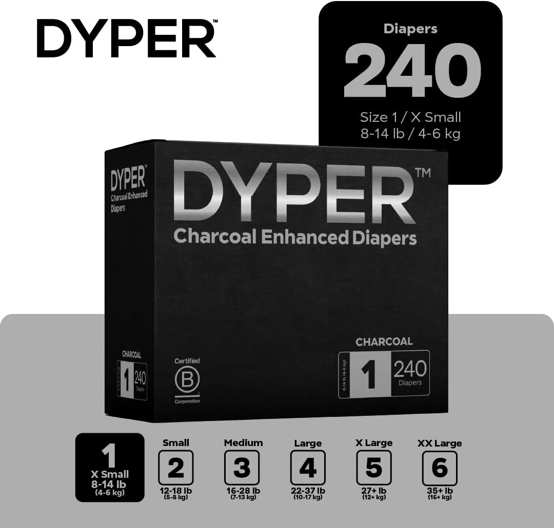 DYPER - Charcoal Enhanced Day & Overnight Disposable Baby Diapers - Made with Plant-Based* & Honest Ingredients, Hypoallergenic for Sensitive Skin - Size 1, (240 Count)