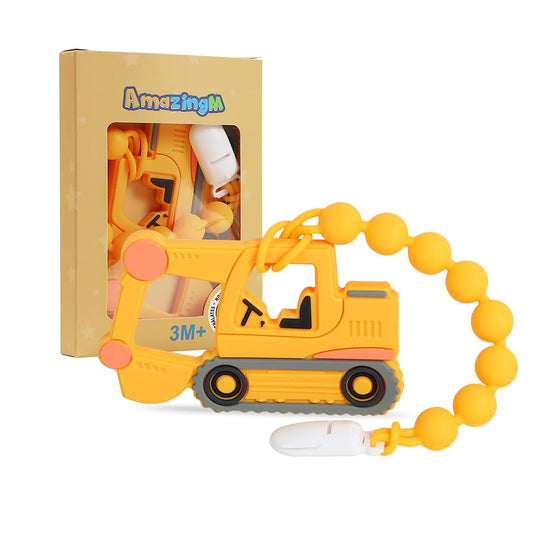 Baby Food Grade Silicone Carrier Vehicle Teether Toy with Pacifier Clip Holder,Teething Toys Gift Set for 3 Months+ Boys and Girls,Freezer Safe,BPA Free. (Excavator)