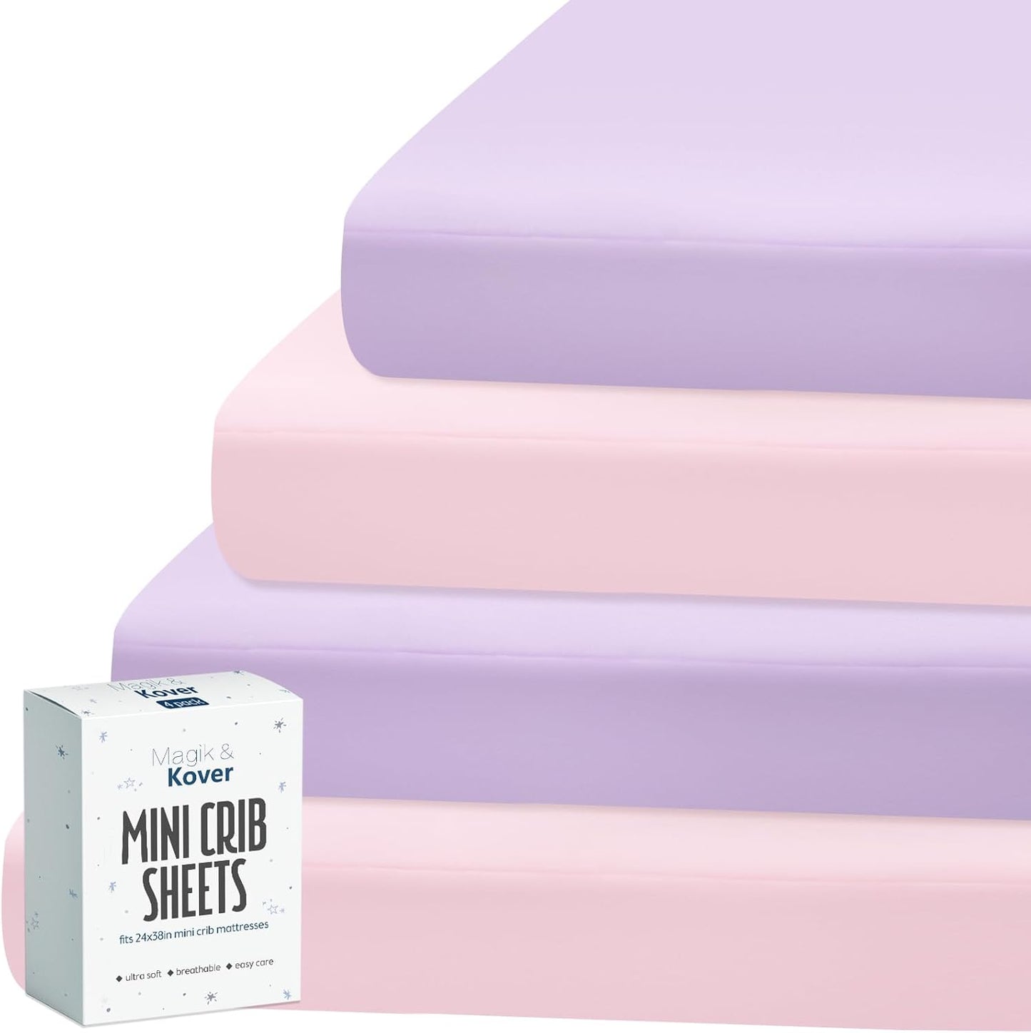 Magik & Kover Mini Crib Sheets Girl 4 Pack, Baby Crib Sheet for Mini Crib Mattress and Playard Mattress, Soft Breathable Fitted Baby Crib Sheets Set for Girls, Pink & Violet