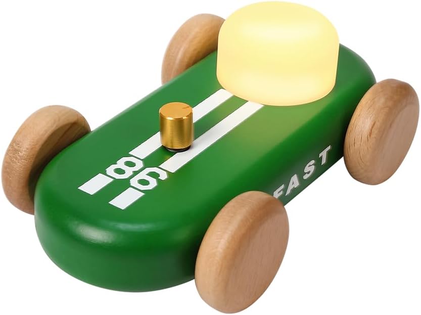 Wooden Go-Kart Night Light for Kids, 7 Color Adjustable, USB Rechargeable (Green)