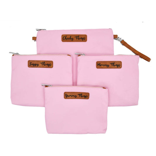 Stylish Diaper Bag Organizing Pouches - XL Set of 4 Pink Canvas Diaper Bag Pouches with Leather Embossed Labels, Leather Wristlet Strap & Durable Metal Zippers