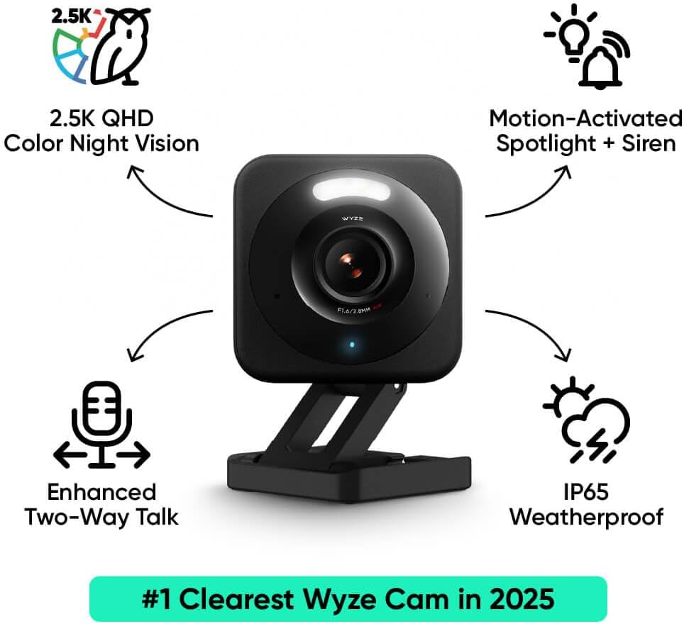 WYZE Cam v4 (Latest Model), 2.5K AI Security Camera, Indoor/Outdoor Cameras for Home Security, Baby Monitor & Pet Camera, Color Night Vision, No Subscription Required, Free Expert Help (2 Pack)
