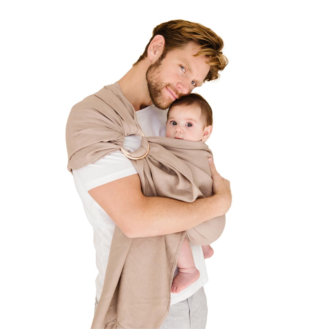 WildBird - Ring Sling Baby Carrier - Newborn to Up to 35 lbs - for Moms, Dads & Caregivers - 100% Natural Belgian Linen Fibers - Versatile & Adjustable - 90” Size - Desert Lark Fabric & Black Ring
