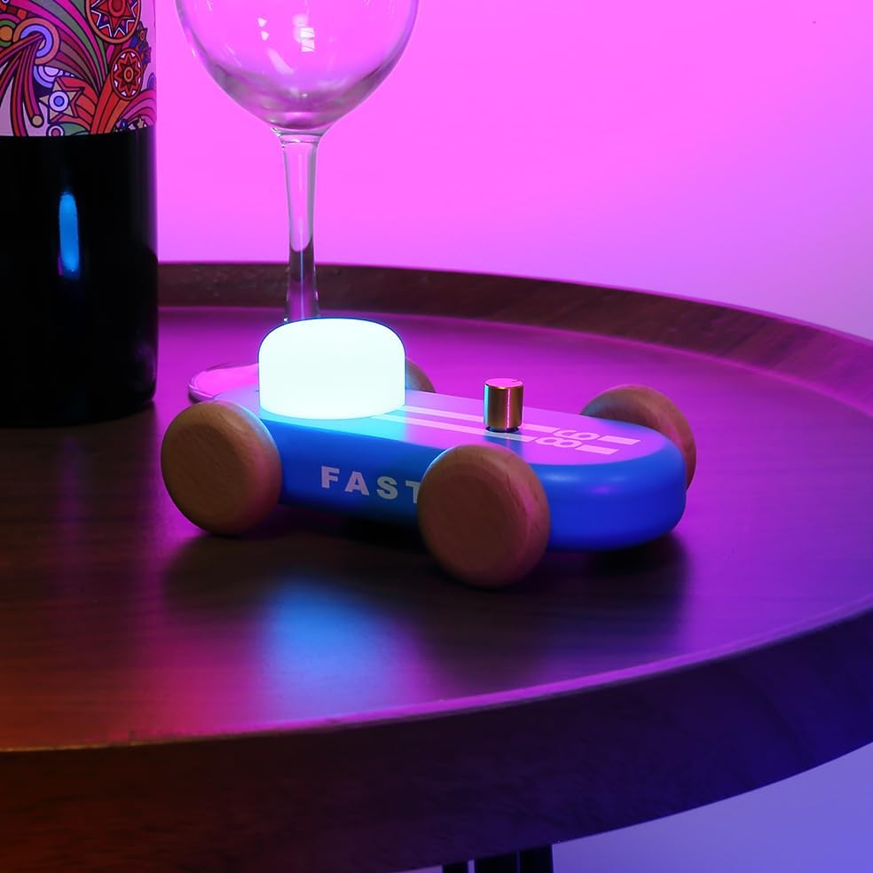 Wooden Go-Kart Night Light for Kids, 7 Color Adjustable, USB Rechargeable (Blue)