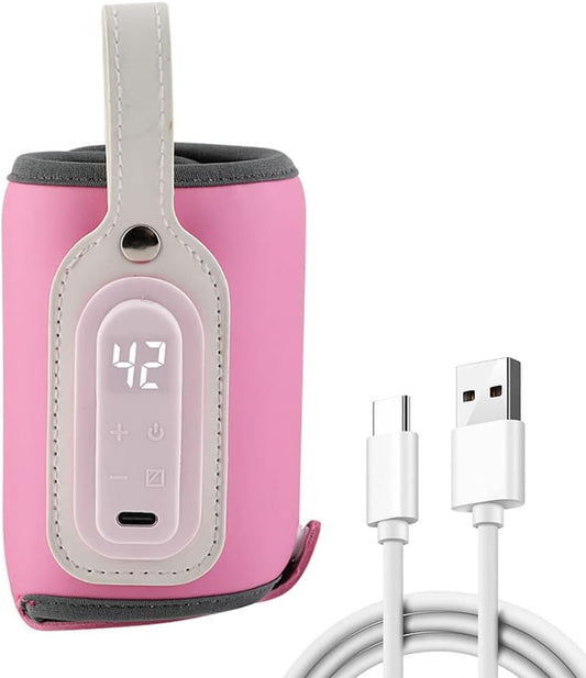Baby Bottle Keep Warmer,Portable Travel Mug Milk Heater Thermostatic Bottle Cover Milk Bottle Heating Warmer Multifunction Thermostatic Bottle Sleeve with Tpye-C Cable for Coffee Tea,Pink