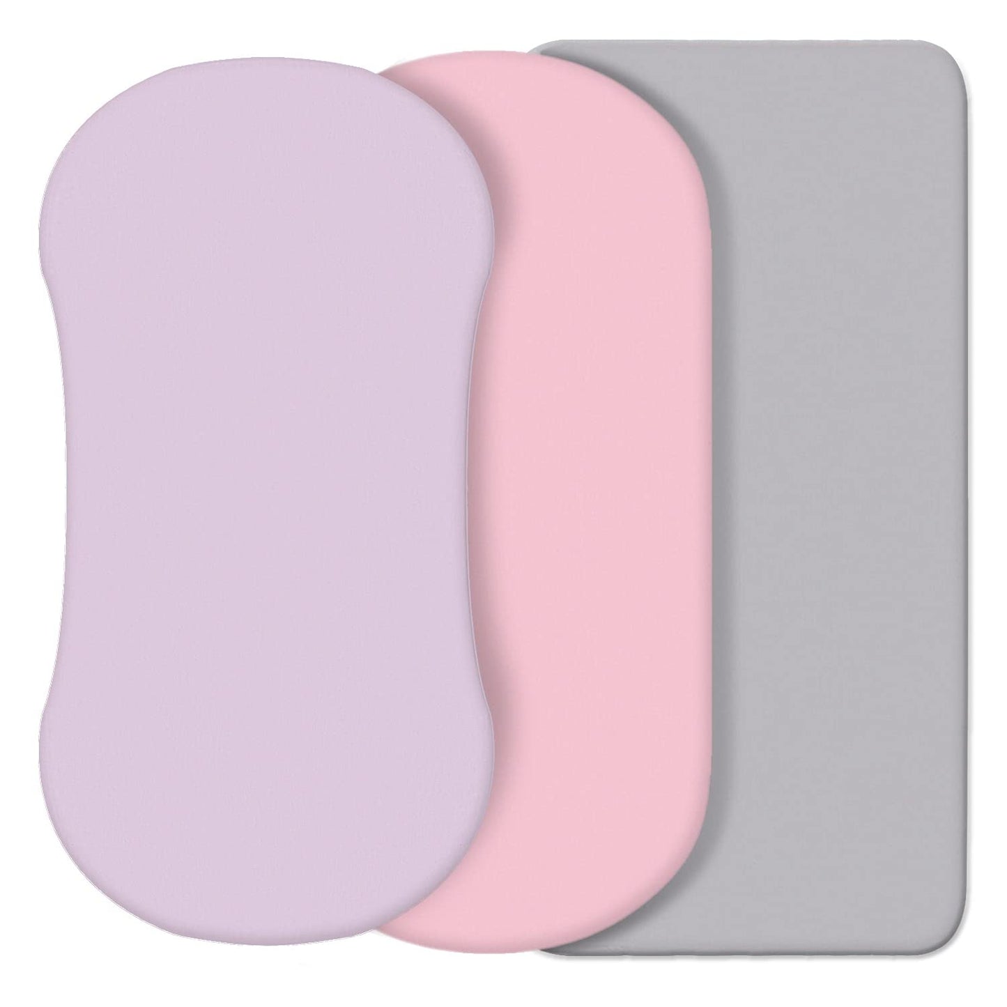CaSaJa 3 Pack Bassinet Sheet Set, Silky Soft Handfeel with Comfy Napping Surface for Baby Skin, Flexible Fits Various Kinds of Cradle and Bessinet Mattress Up to 15" x 30", Lilac + Pink + Light Grey
