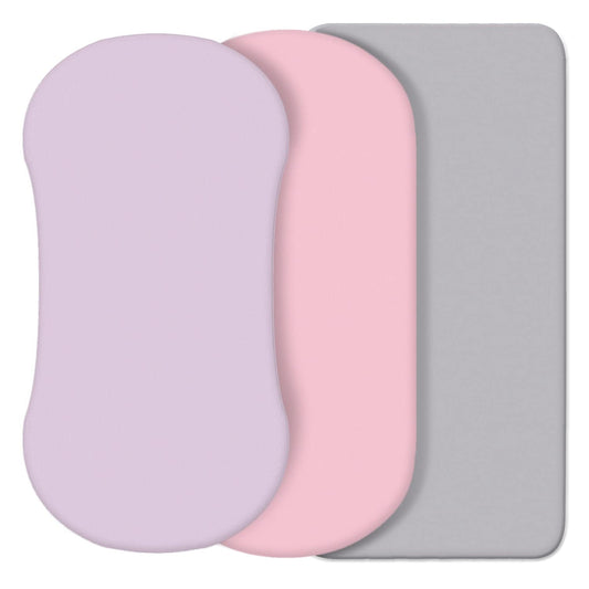 CaSaJa 3 Pack Bassinet Sheet Set, Silky Soft Handfeel with Comfy Napping Surface for Baby Skin, Flexible Fits Various Kinds of Cradle and Bessinet Mattress Up to 15" x 30", Lilac + Pink + Light Grey