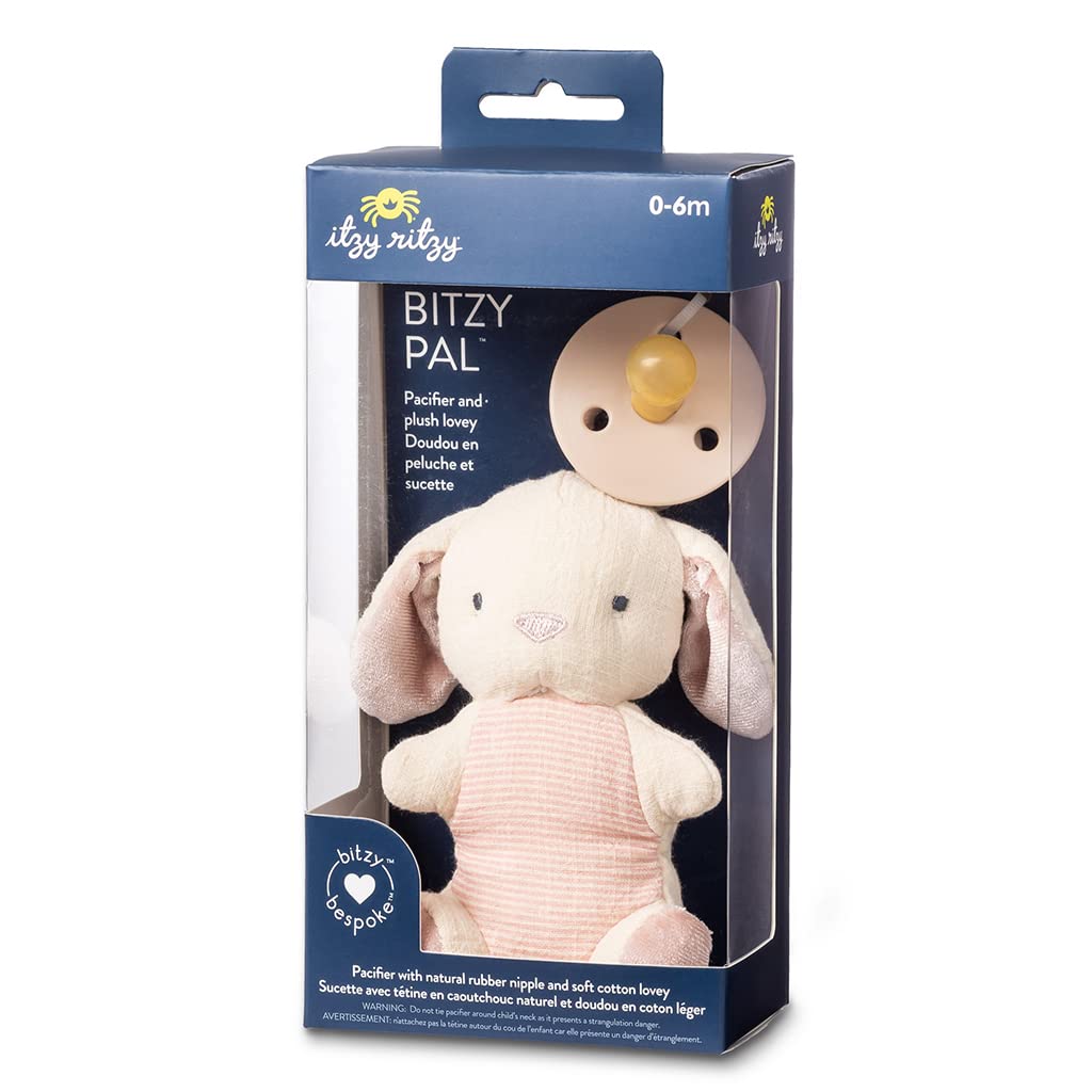 Itzy Ritzy Pacifier & Lovey Set - Natural Rubber Pacifier with Stuffed Animal Lovey - Detachable Plush Bunny Binky Holder & Coordinating Natural Rubber Binky, Ideal for Ages 0-6 Months (Bunny)