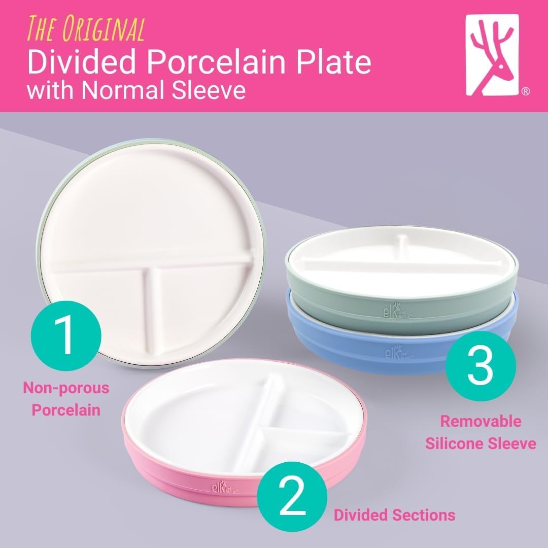 Elk and Friends Kids 6.7” Porcelain Divided Plates with Silicone Sleeves | Suitable for Babies/Kids/Toddlers | Microwave & Dishwasher Safe | Non Slip | Snack Dishes
