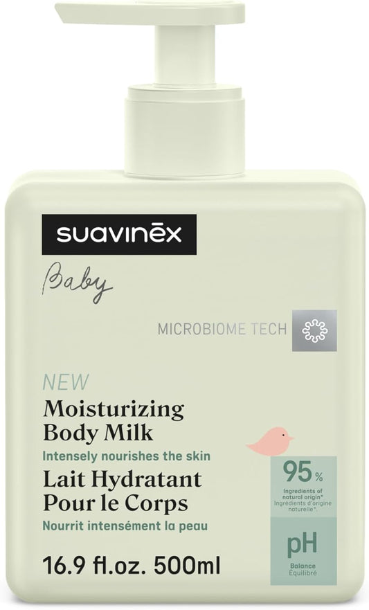 Suavinex, Moisturizing Body Milk Baby Moisturizer, Baby Lotion Suitable for Sensitive Skin and Newborns, Light Texture, Easy Absorption, 95% Ingredients of Natural Origin, 16.9 fl oz.