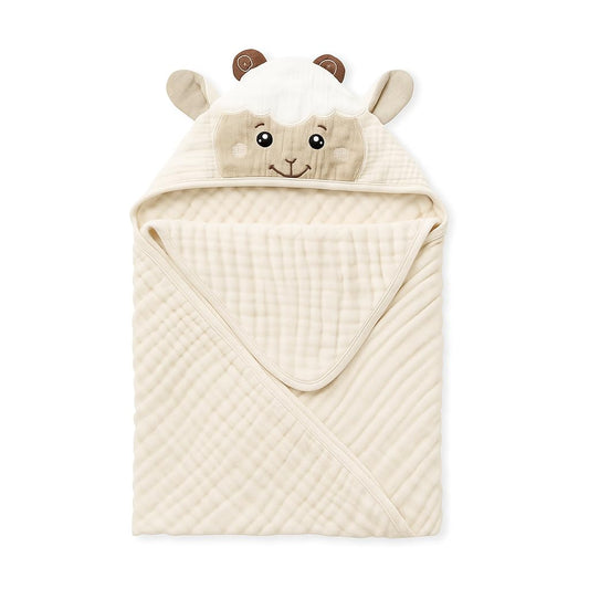 Blissful Diary Muslin Baby Hooded Towel 1 Pack, Soft & Absorbent Bath Towel for Infant, Toddler, Unisex, Baby Gift, Newborn Essentials, Gentle Lamb
