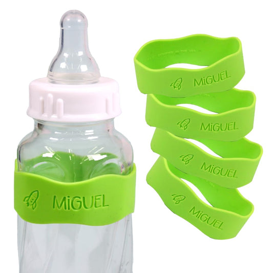 InchBug Orbit Labels - Baby Bottle Name Labels for Daycare, Sippy Cup Bands - Engraved Silicone, Reusable, Dishwasher Safe, Matching Color Personalization, 4-Pack (Kiwi Green)