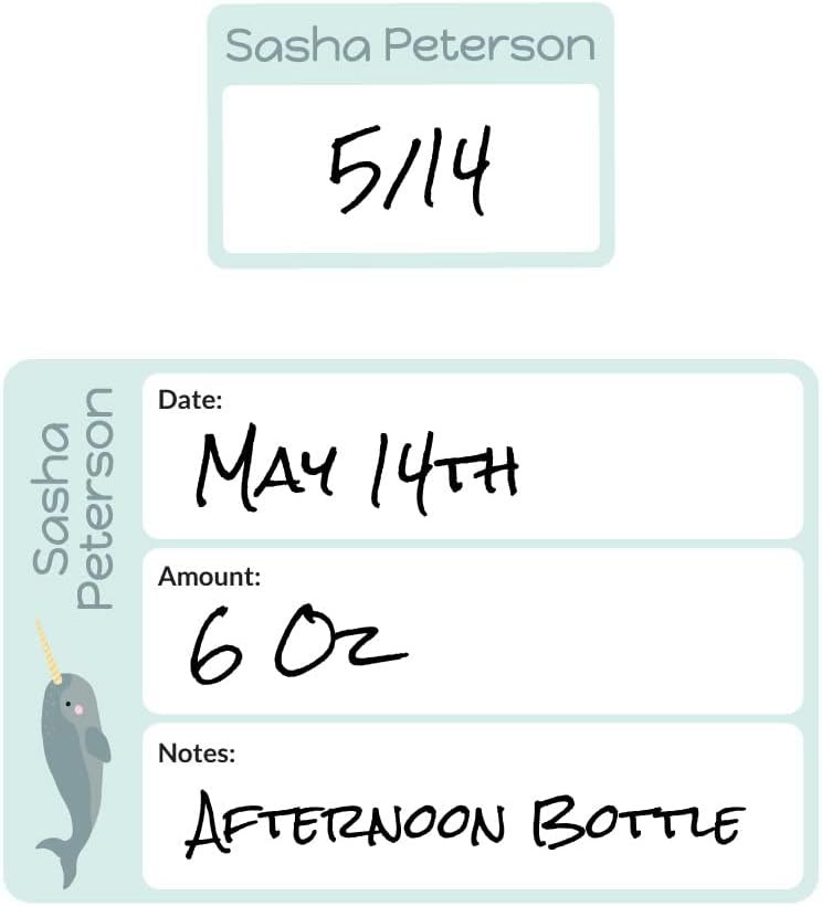 Name Bubbles - Reusable Baby Bottle Labels for Daycare (20 Labels) - Kids Washable Name Tags for Bottles, Sippy Cups, & Snack Containers, Waterproof, Baby Name Stickers, Write-On (Narwhal)