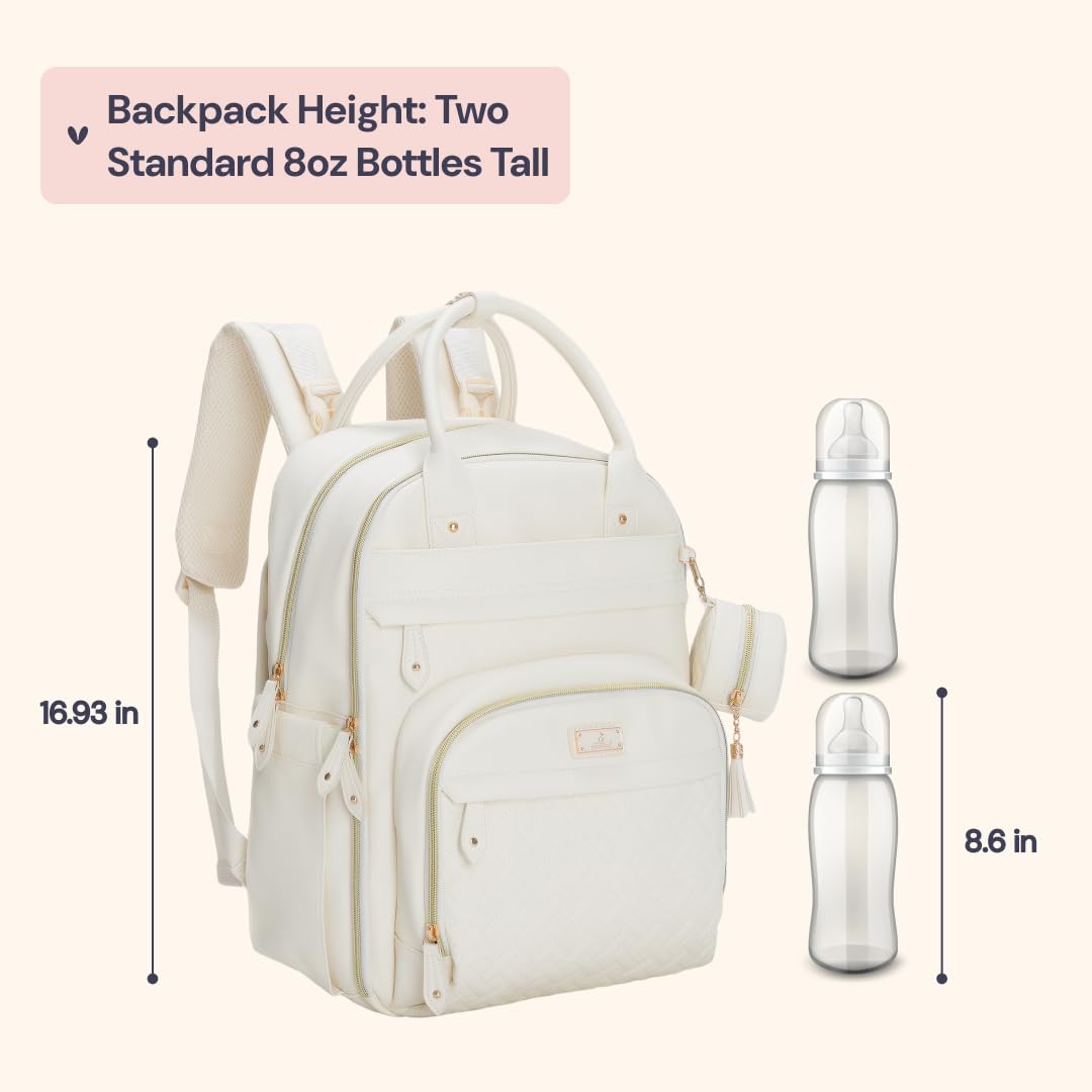 BabbleRoo Leather Diaper Bag Backpack - Baby Essentials Travel Baby Bag, Multi function, Water Resistant, with Changing Pad, Stroller Straps & Pacifier Case – Unisex, Eggshell White
