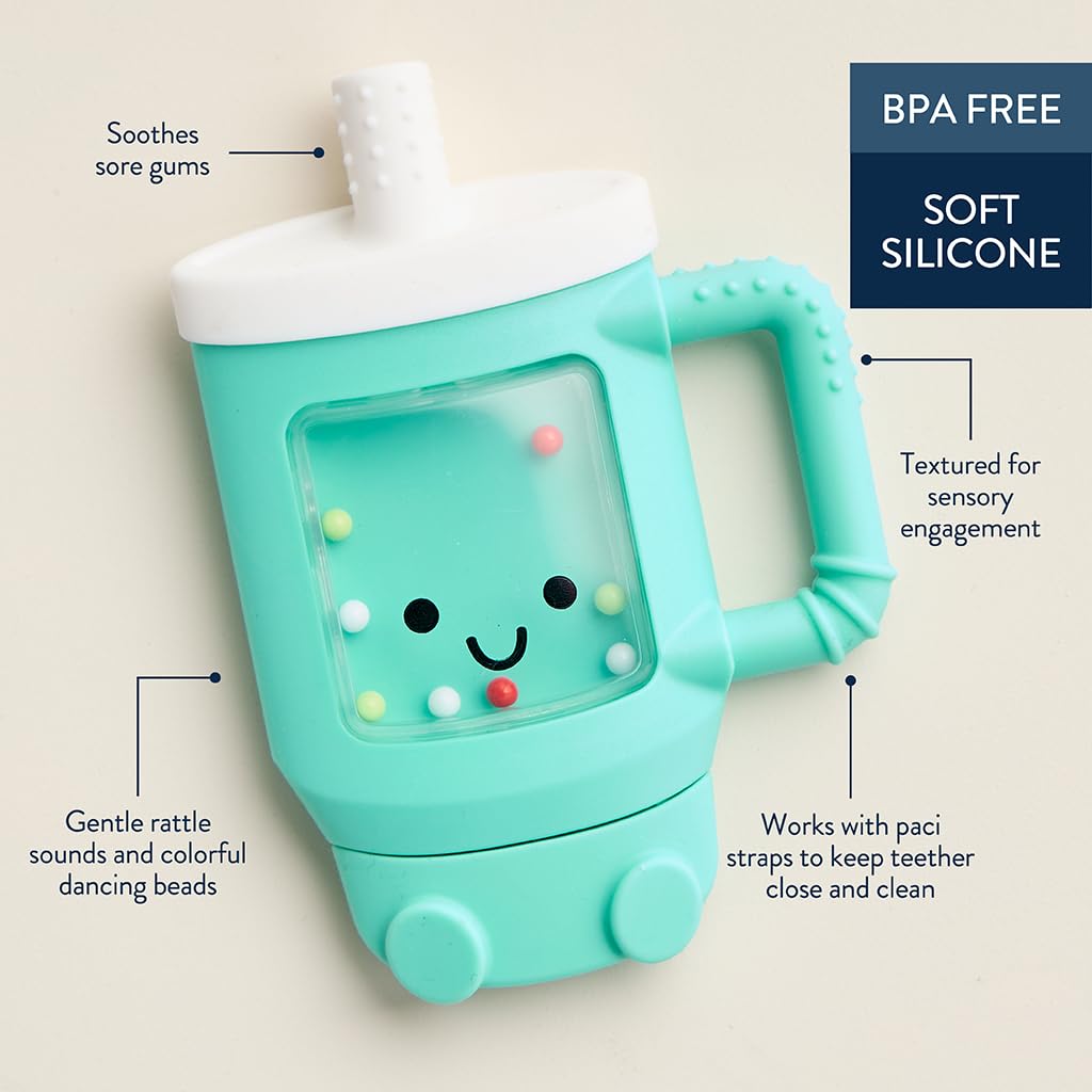 Itzy Ritzy Silicone Rattle Teether– BPA-Free Silicone Teether with Rattle for Babies & Toddlers – Features a Gentle Rattle Sound, Colorful Beads & Multiple Textures (Travel Cup)