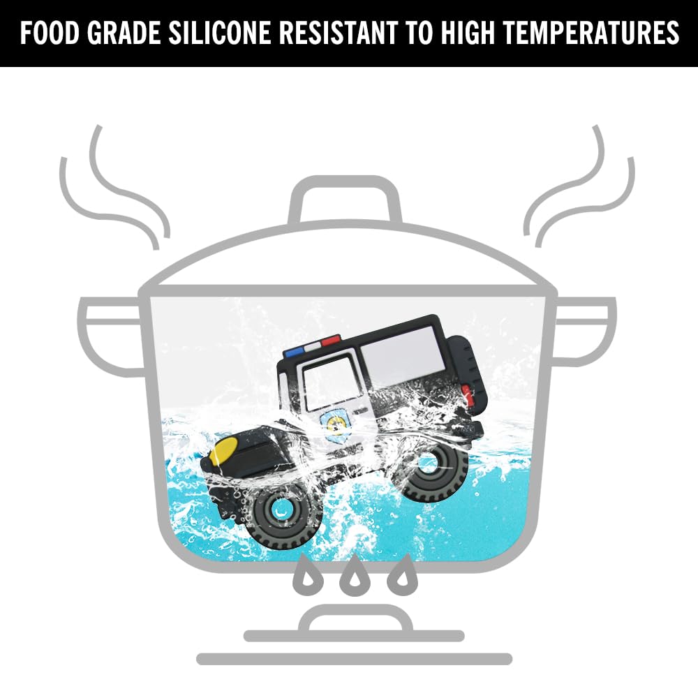 Baby Construction Vehicles Teething Toys,Food Grade Silicone Teether with One-Piece Pacifier Clip Holder,Shower Gift for 3 Months+ Boy and Girl,BPA Free,Freezer Safe. (Police Car)