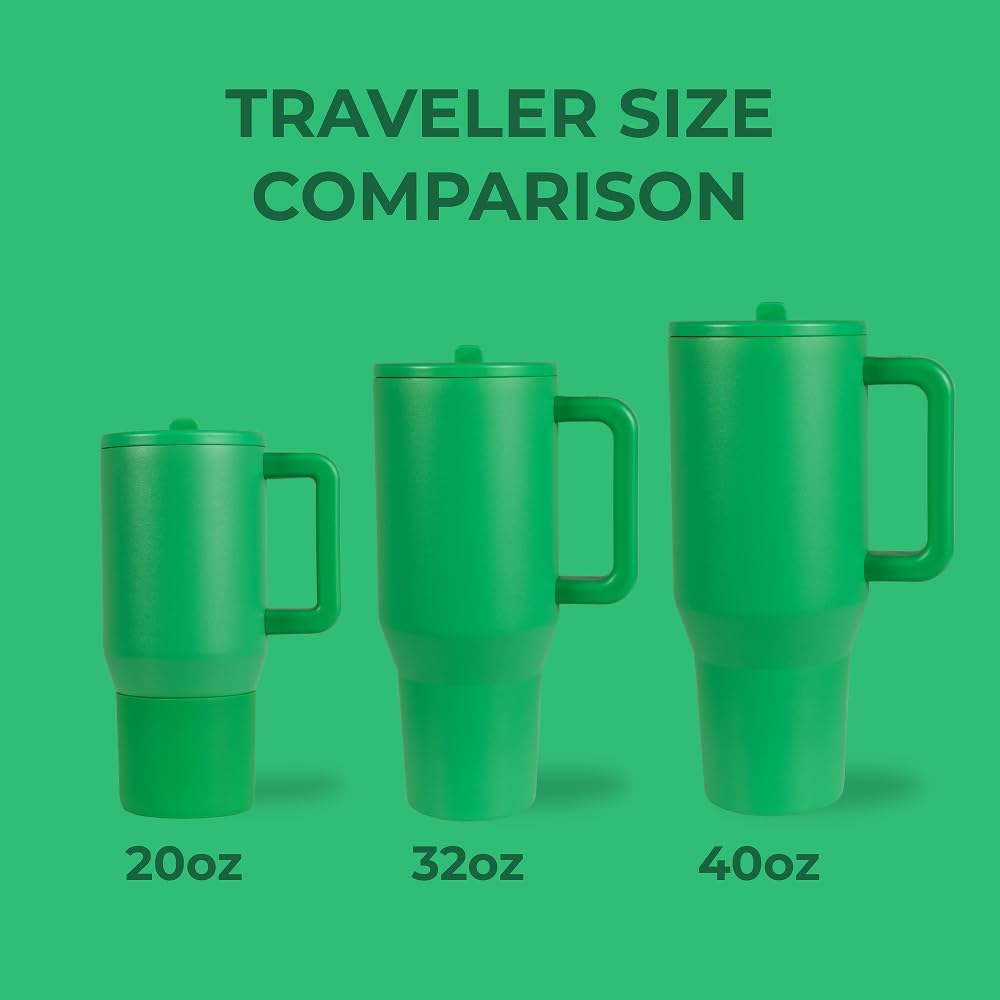 HydroJug Traveler - 40 oz Water Bottle with Handle & Flip Straw - Fits in Cup Holder, Leak Resistant Tumbler-Reusable Insulated Stainless Steel & Rubber Base - Gifts for Women & Men, Clover
