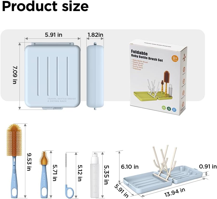 YOTIME Travel Bottle Brush, Travel Bottle Cleaner Kit with Foldable Bottle Drying Rack, for Visit Friends and Relations, Baby Travel Essentials, BPA Free, Blue