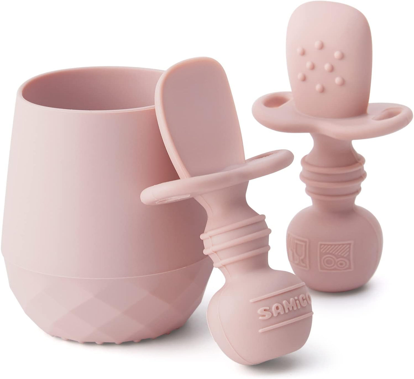 SAMiGO Silicone Baby Utensils - Self Feeding Spoons and Tiny Training Cup - First Stage Baby Led Weaning Supplies for 6 Months+ Infants - Set of 3