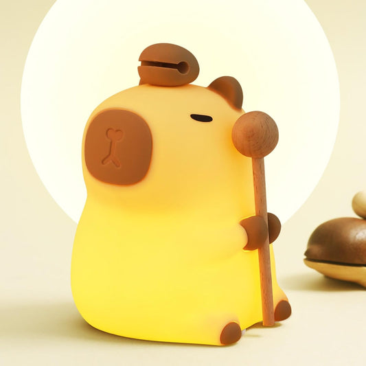 Capybara Night Light, Nursery Lamp, 7-Color RGB & 3-Level Warm Dimmable, Tap Control, 30Min Timer, 100% Safe &Soft Silicone, Adorable, Soothing Ambiance, Gift for Kids, Zen, Wooden Fish