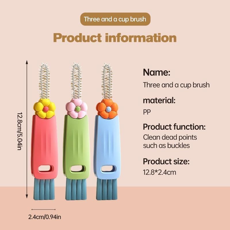 3 in 1 Cup Lid Cleaning Brush, 2025 New Cup Lid Cleaner with Brush, Multifunctional Portable Crevice Cleaning Brush Set for Baby Bottle Gap Tight Spaces, Home Kitchen Cleaning Tools (A-Orange)