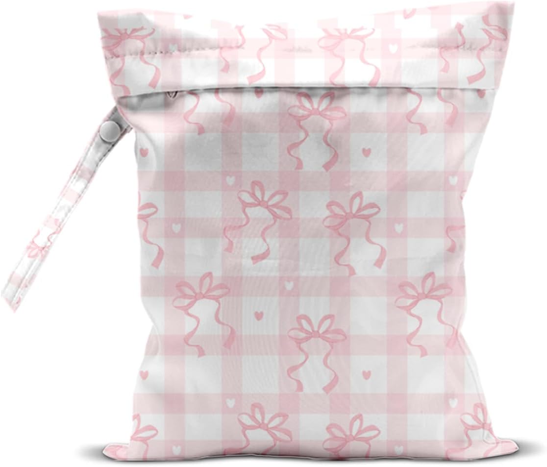Wet Bag for Swimsuit, Beach Travel Essentials Wet Dry Bag, for Sunscreen Toiletry Dirty Clothes Yoga Gym Diaper, Friends Summer Beach Vacation Gifts. Pink and white checkered bow