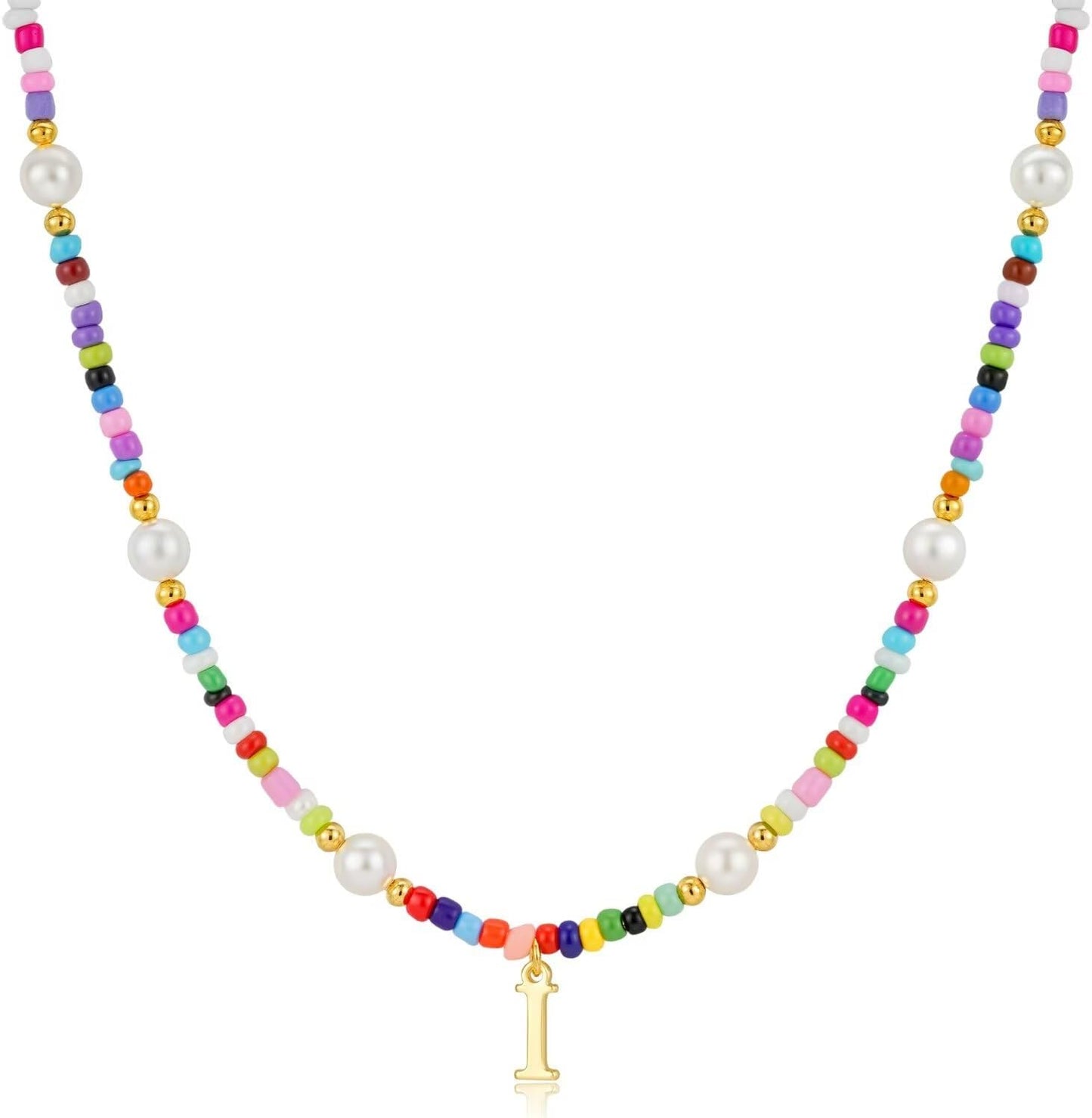 M MOOHAM Colorful Initial Necklaces for Girls Women Kids - Christmas Stocking Stuffers Beaded Pearl Choker Necklace for Women Teen Girl Gifts Trendy Personalized Letter Birthday Gifts Kids Jewelry