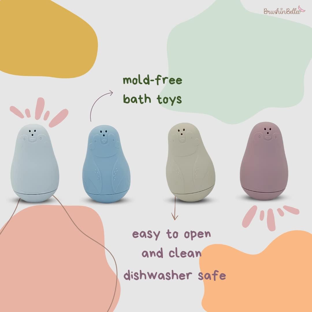 Silicone Bath Toys, Dishwasher-Safe Baby Toys, Toddler Toys, Montessori Stackable Cups, Cleanable Bath Toys for Baby and Toddler, Baby Bath Essentials, Tub Toys, 4-Pack, Blue