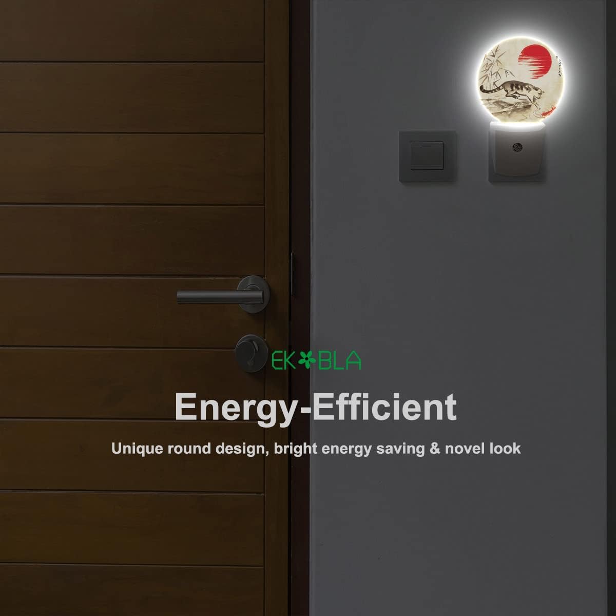 EKOBLA Fish in Pond LED Night Light Red Sun Bamboo Branch Cute Cat Play with Fish Dusk to Dawn Plug-in Nightlights Auto Sensor for Home Indoor Bathroom Hallway Kitchen