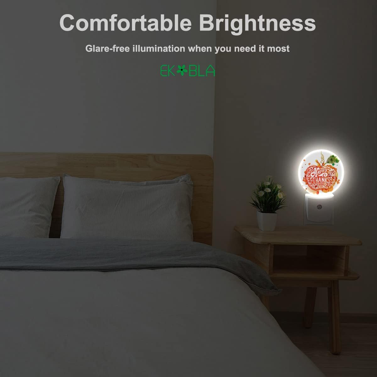 EKOBLA Pumpkin LED Night Light Happy Thanksgiving Day Pumpkin with Green Leaf Autumn Dusk to Dawn Plug-in Nightlights Auto Sensor for Home Indoor Bathroom Hallway Kitchen