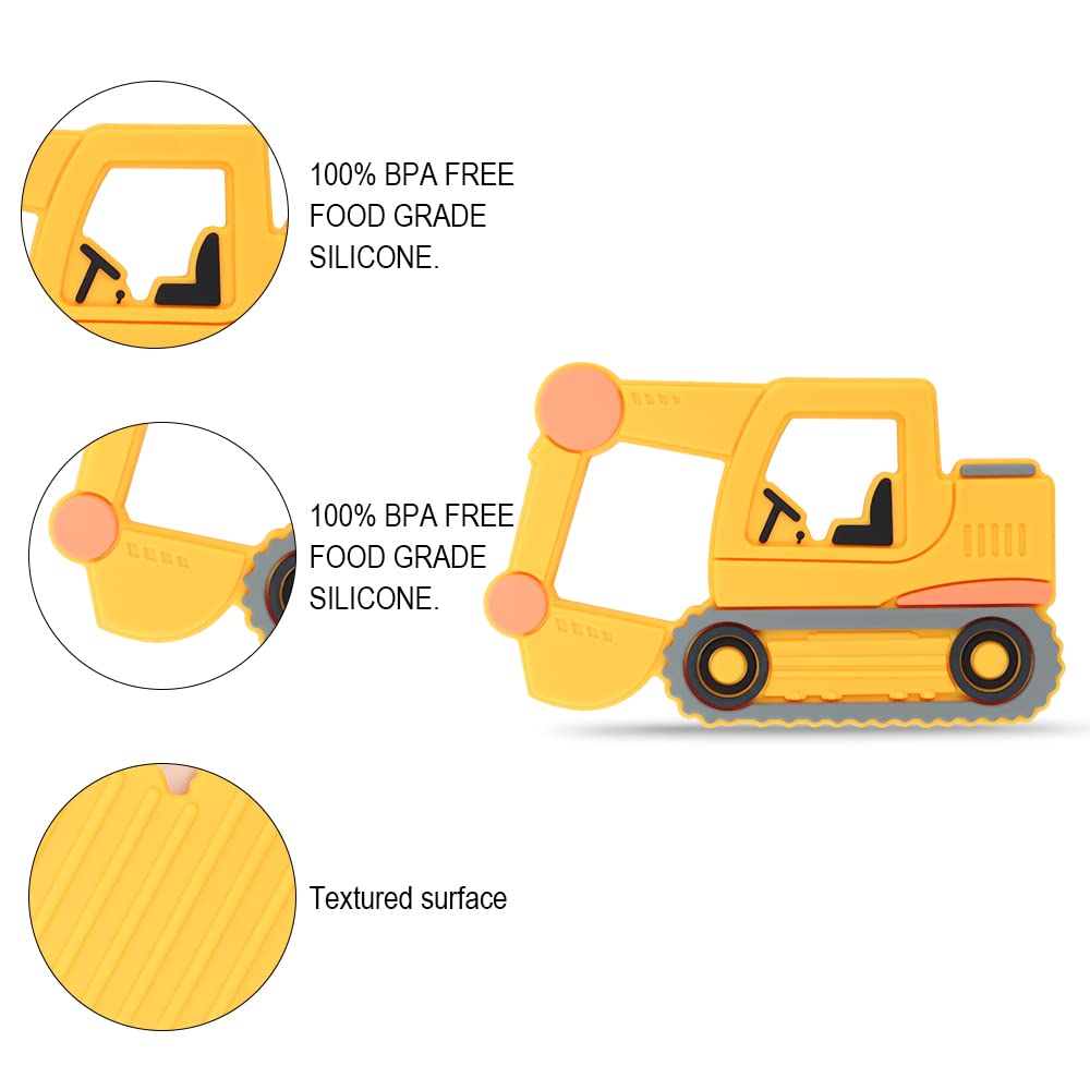 Baby Food Grade Silicone Carrier Vehicle Teether Toy with Pacifier Clip Holder,Teething Toys Gift Set for 3 Months+ Boys and Girls,Freezer Safe,BPA Free. (Excavator)