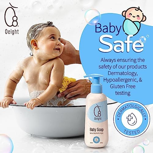 Oeight Natural Baby Soap with Tearless Baby Shampoo for Gentle and Sensitive Skin, Hair 200ml Baby Body Wash Baby Soap for Newborn, Hypoallergenic, Dermatologically Tested, Made in Israel