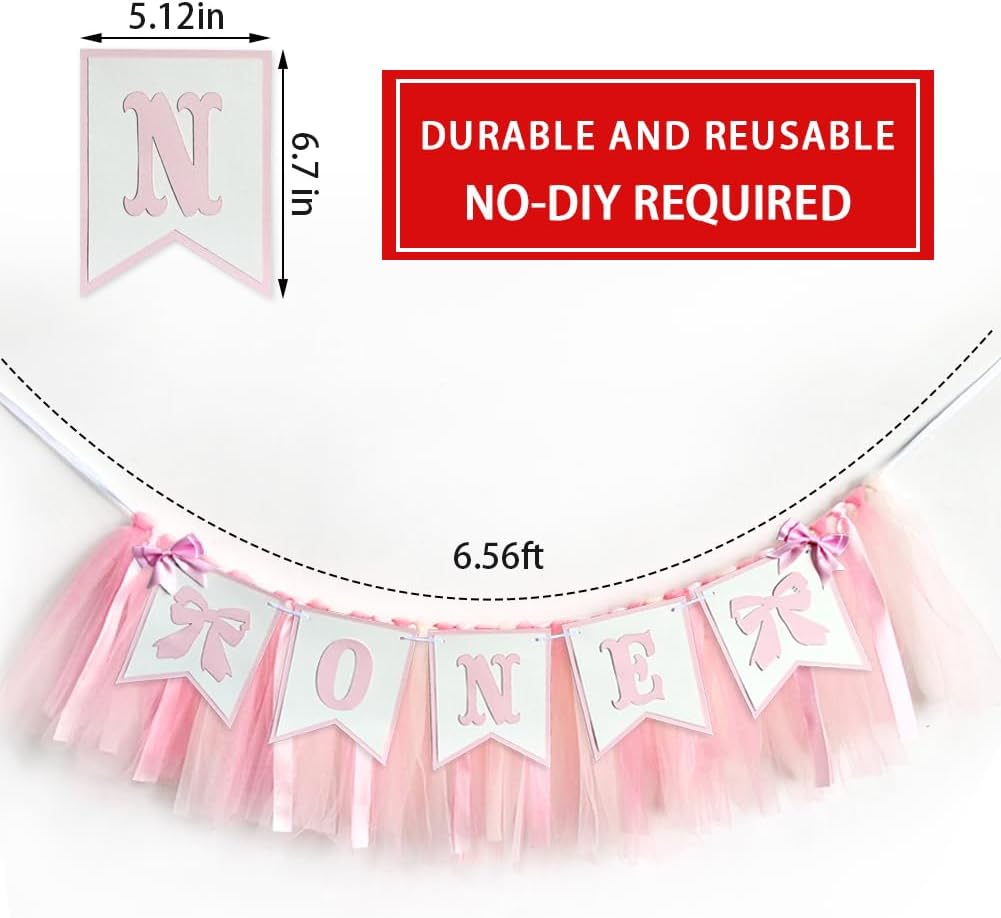 Pink Bowknot One Birthday Highchair Banner - Girl 1st Birthday High Chair Banner, Party Decoration Photo Props, Cake Smash