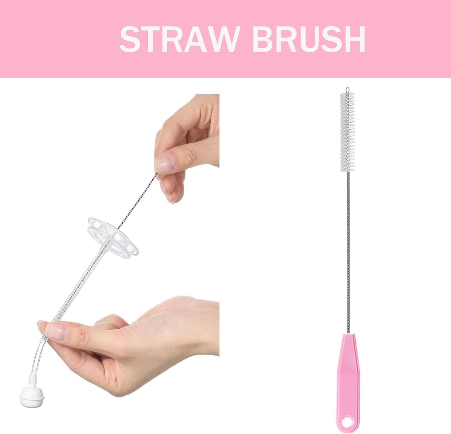 Baby Bottle Brush Set 4 in 1, Baby Bottle Cleaner, with 1P Nylon Bottle Brush, 1P Bottle Cap Brushes, 2P Straw Brushes, Bottle Brush with Nipple Cleaner and Suction Cup, BPA-Free(Pink)