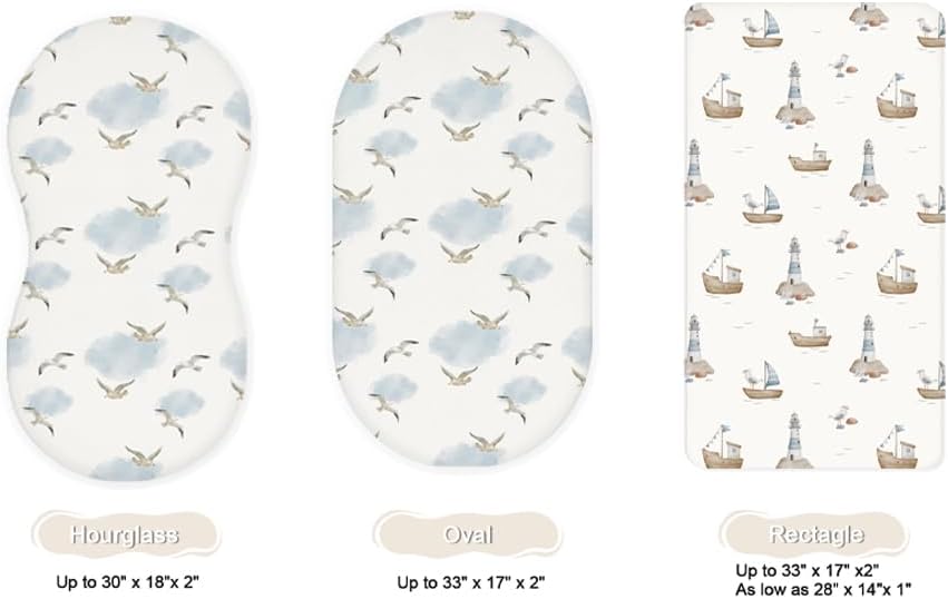 Bassinet Sheets for Baby Girls Boys 2 Pack, Fitted Baby Mattress Sheet for Rectangle, Oval, Hourglass Bassinet Mattress, Breathable Cozy & Universal Fit (Sailing Waves)