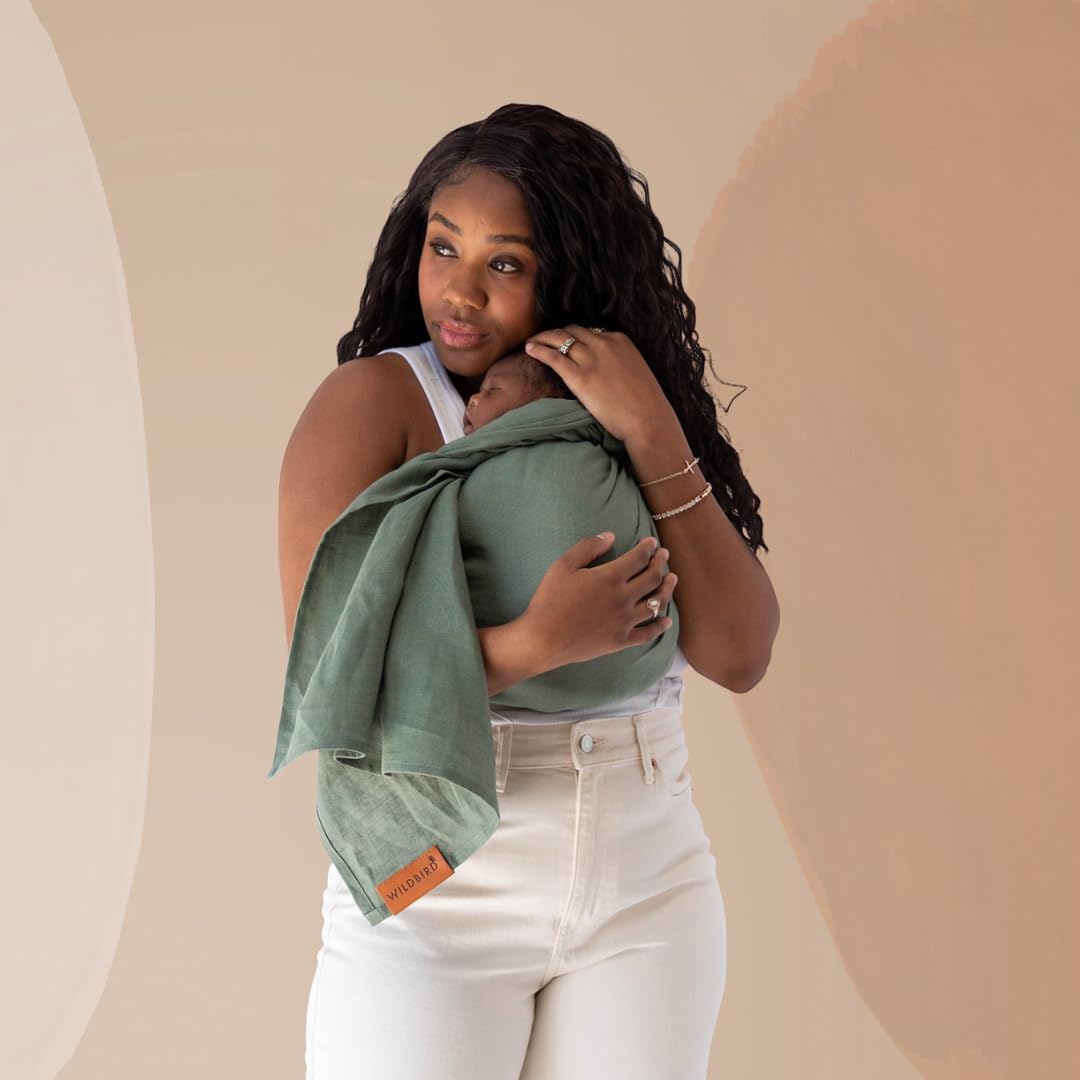 WildBird Ring Sling Baby Carrier for New Moms & Dads & Caregivers - Made from 100% European Linen - for Newborns to Toddlers Up to 35 lbs - Long 90" Size (Acadian Fabric/Bronze Ring)