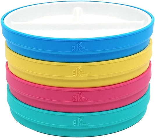Elk and Friends Kids 7.8” Porcelain White Plates with Silicone Sleeves | Divided Plates | Suitable for Kids/Toddlers | Microwave & Dishwasher Safe | Non Slip | Snack Dishes…