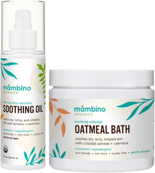 Mambino Organics Calming Skin Set, Oatmeal Bath Soak Powder & Soothing Body Oil, Fragrance-Free with Jojoba & Evening Primrose, Gentle for Babies & Adults, Ultra-Sensitive Skin, Vegan, 11 oz