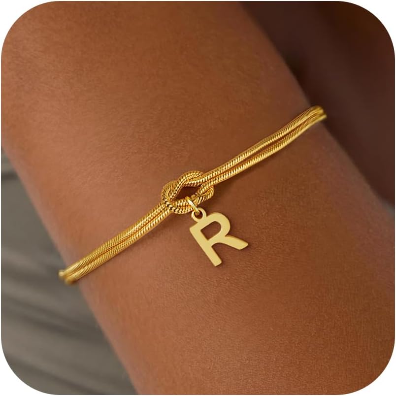 Stocking Stuffers for Teen Girls - 18K Gold Plated Love Knot Initial Bracelets for Women Friends Bridesmaid Gifts Dainty Gold Bracelets Birthday Christmas Gifts for Teens Women