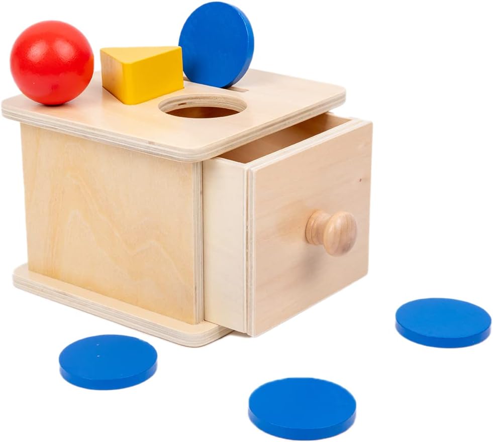 Adena Montessori Coin Box,3 in 1 Object Permanence Box Toys for 1 Year Old Baby Coins,Wooden Montessori Ball Drop Toys Developmental Toys for 6-12 Month Infant Toys,Triangle Ball Round Shapes