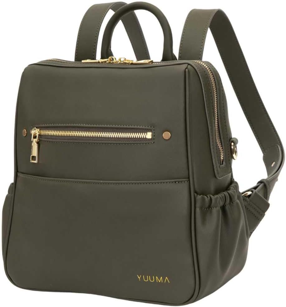 YUUMA Mini Diaper Bag Backpack-Minimalist bag With Premium Vegan Leather Material With 7 Interior and 5 External Pockets (Olive)