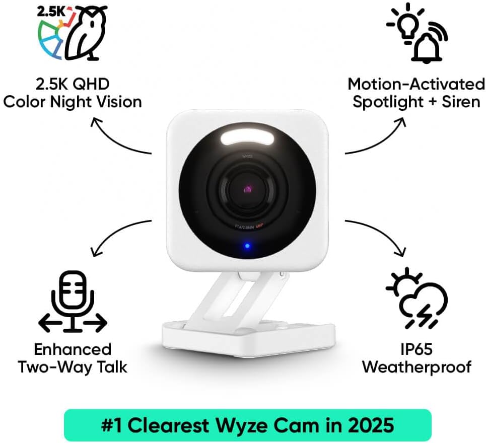 WYZE Cam v4 (Latest Model), 2.5K AI Security Camera, Indoor/Outdoor Cameras for Home Security, Baby Monitor & Pet Camera, Vibrant Color Night Vision, No Subscription Required, Free Expert Help
