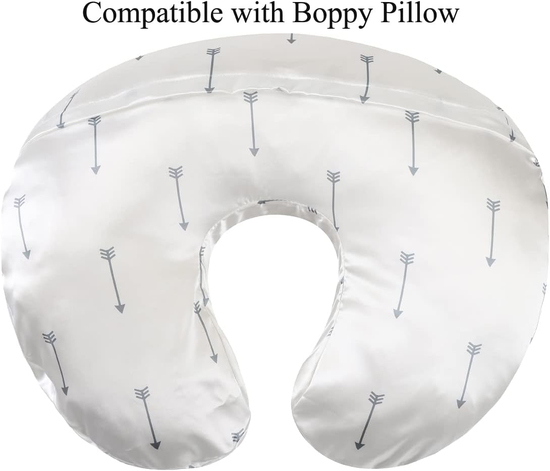 Satin Nursing Pillow Cover Set - 2 Pack Ultra Soft Silk, Compatible with Boppy Pillow for Breastfeeding, Protects Baby Hair & Skin - Grey Arrows & Stars