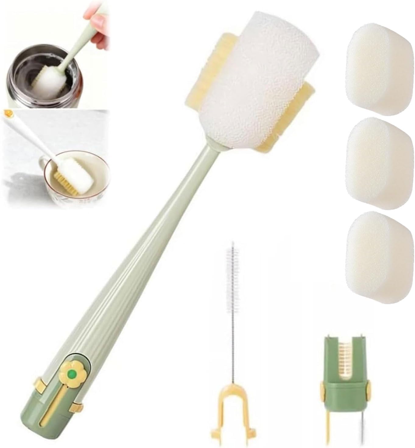 5-in-1 Bottle Cleaning Brush Set, 2026 New Multifunctional Baby Bottle Brush with Long Handle, Gap Cleaner & Scrubber for Water Bottle Lid, Straw, Travel Mugs and Home Kitchen Use (Green-3 Heads)