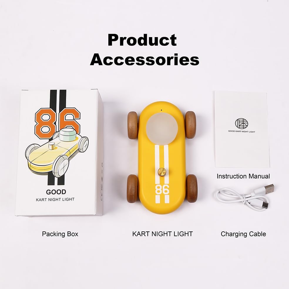 Wooden Go-Kart Night Light for Kids, 7 Color Adjustable, USB Rechargeable (Burlywood)