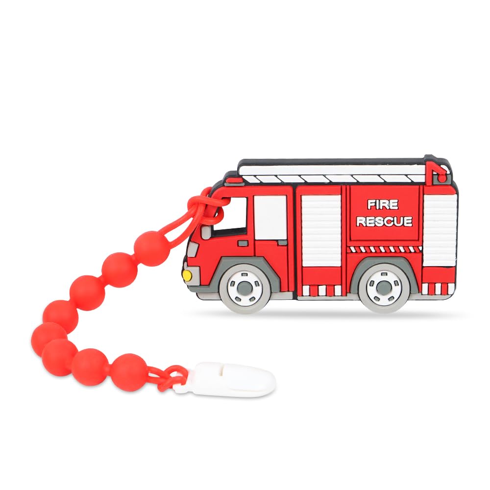 Fire Rescue Truck Teether, Baby Construction Vehicles Teething Toys, Food Grade Silicone Teether with One-Piece Pacifier Clip Holder, BPA Free, Freezer Safe, 3 Months+, Fire Rescue Truck color