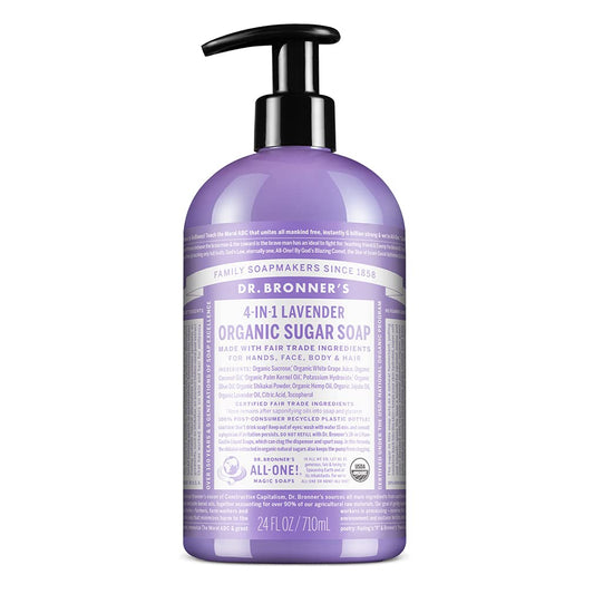 Dr. Bronner's - Organic Sugar Soap (Lavender, 24 Ounce) - Made with Organic Oils, Sugar and Shikakai Powder, 4-in-1 Uses: Hands, Body, Face and Hair, Cleanses, Moisturizes and Nourishes, Vegan