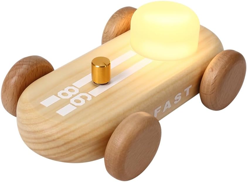 Wooden Go-Kart Night Light for Kids, 7 Color Adjustable, USB Rechargeable (Burlywood)