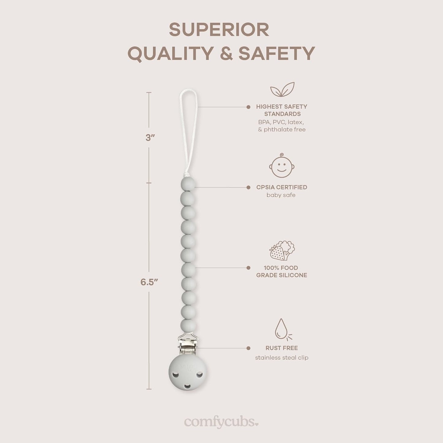 Comfy Cubs Pacifier Clips 2 Pack - 100% Food Grade Silicone Baby Pacifier Clips, BPA & PVC Free - CPSIA Certified, Lightweight and Flexible Baby Gifts - Slate